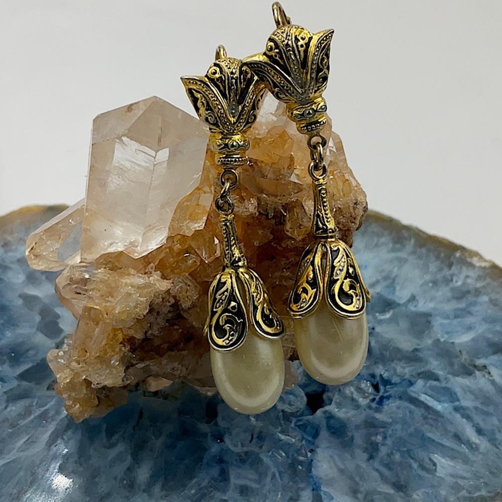 Gold LeverBack Earrings With Cultured Pearls. Signed SPAIN.